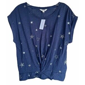 Lucky Brand Women's Short Sleeve Twist Front Top Stars Print Cotton Size L Navy